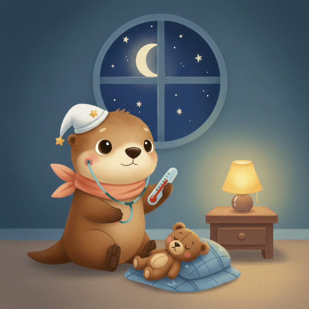 Uyku şapkalı Boncuk, gece uyuyan ayıcığın başında termometreyle nöbette