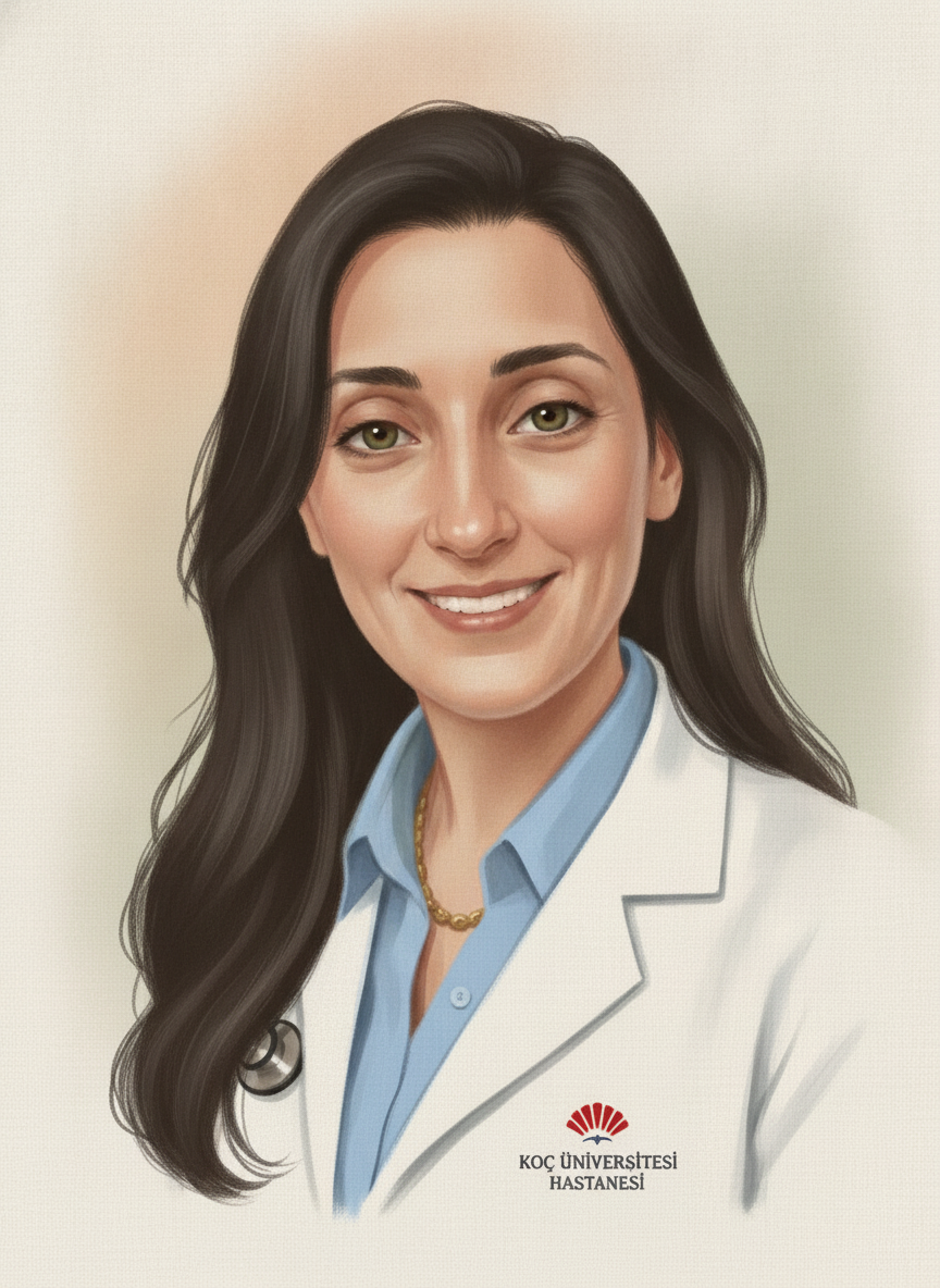 Dr. Aslı Ece Zeybek — beyaz önlüklü, gülümseyen el çizimi portre; önlükte Koç Üniversitesi Hastanesi amblemi