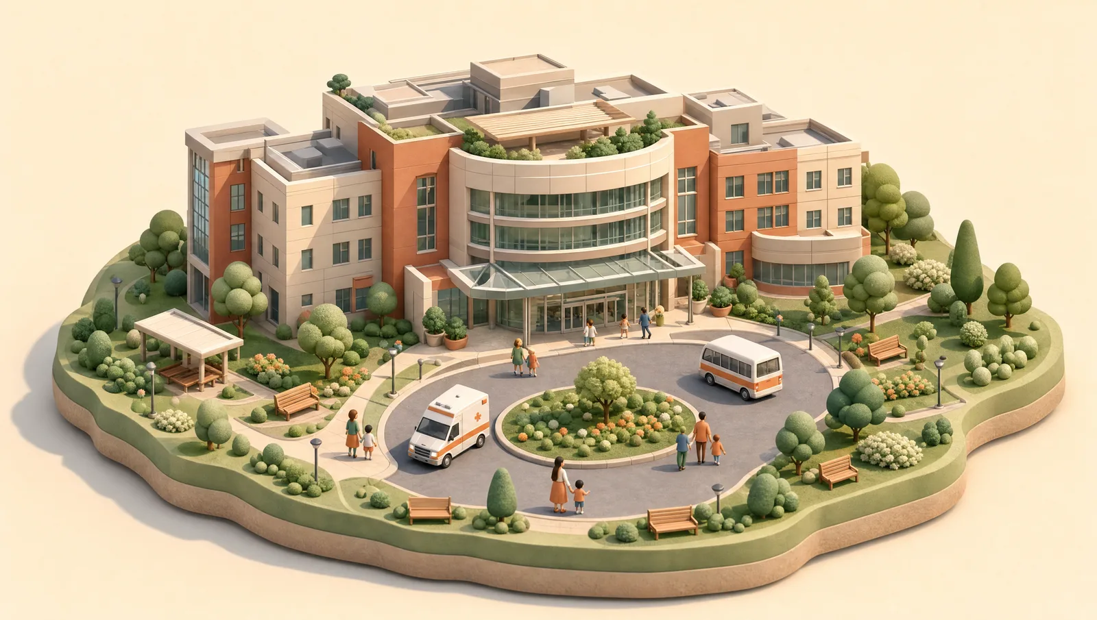 Koç Üniversitesi Hastanesi — minyatür diorama illüstrasyonu, girişe yürüyen aileler